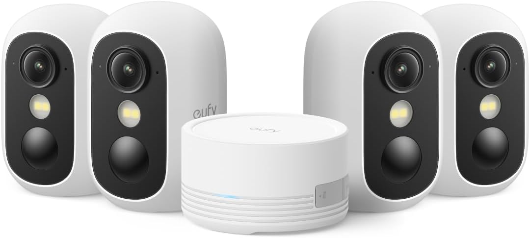 EufyCam C35 4-Cam Kit, Wireless Security Indoor/Outdoor Camera, Magnetic Mount, Color Night Vision, Local Storage, No Monthly Fee, IP67, Facial Recognition, Solar Panel Compatible, White