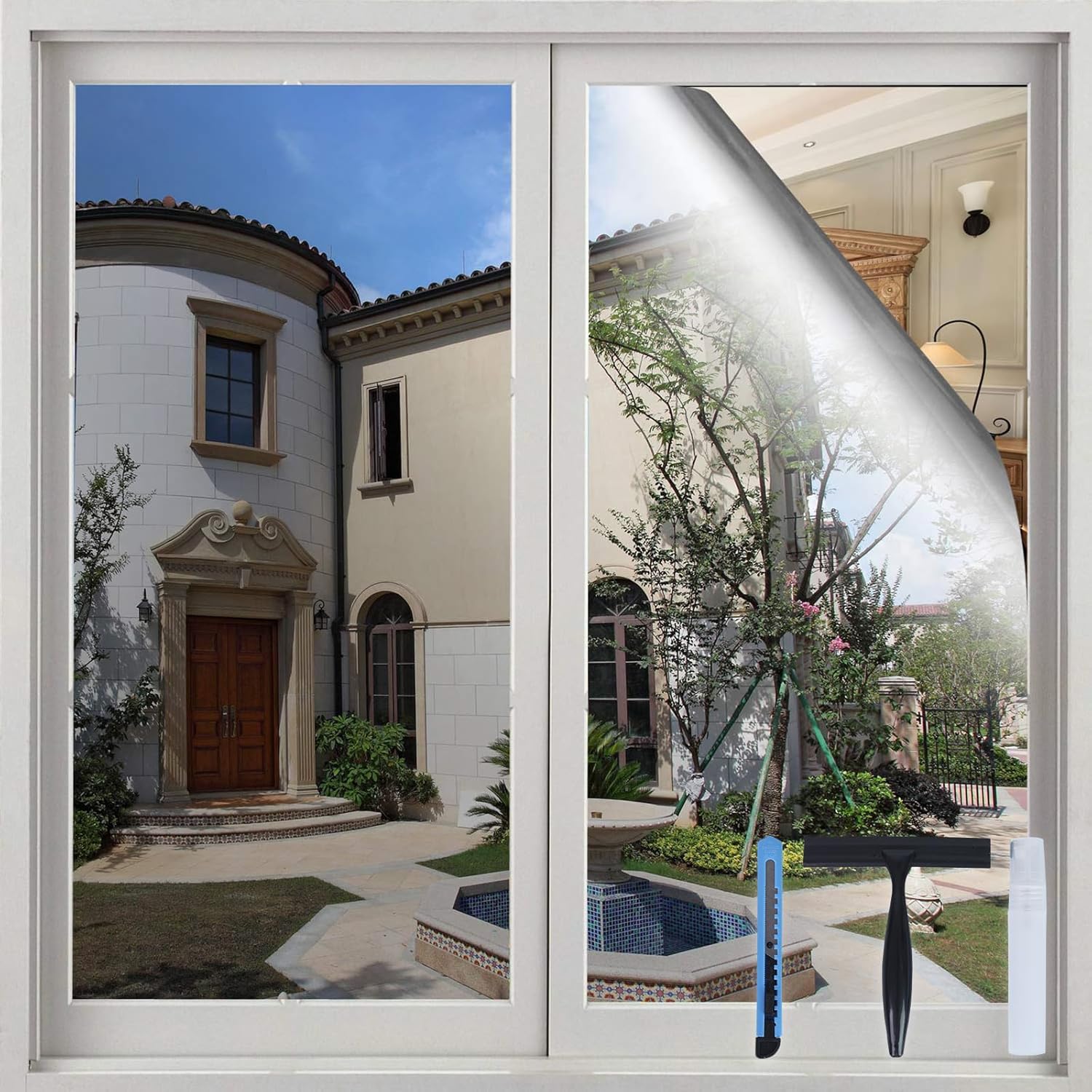 One Way Window Privacy Film with Installation Tools 17.5 x 78.7 Inches, Sun Blocking Window Tinting Film for Home Heat Control Mirror Tint Film Static Cling, Silver One Way-silver 17.5" x 78.7"