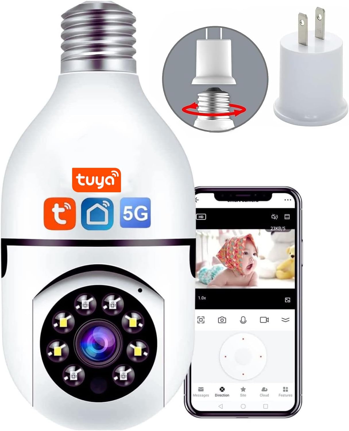 Light Bulb Security Camera, 5GHz 2.4GHz ,Degree Pan/Tilt Panoramic IP Security Camera, TUYA WiFi 1080P Smart Home Surveillance Cam with Motion Detection Alarm Night Vision Two Way Talk Indoor E27 5GHz-2.4GHz-plug
