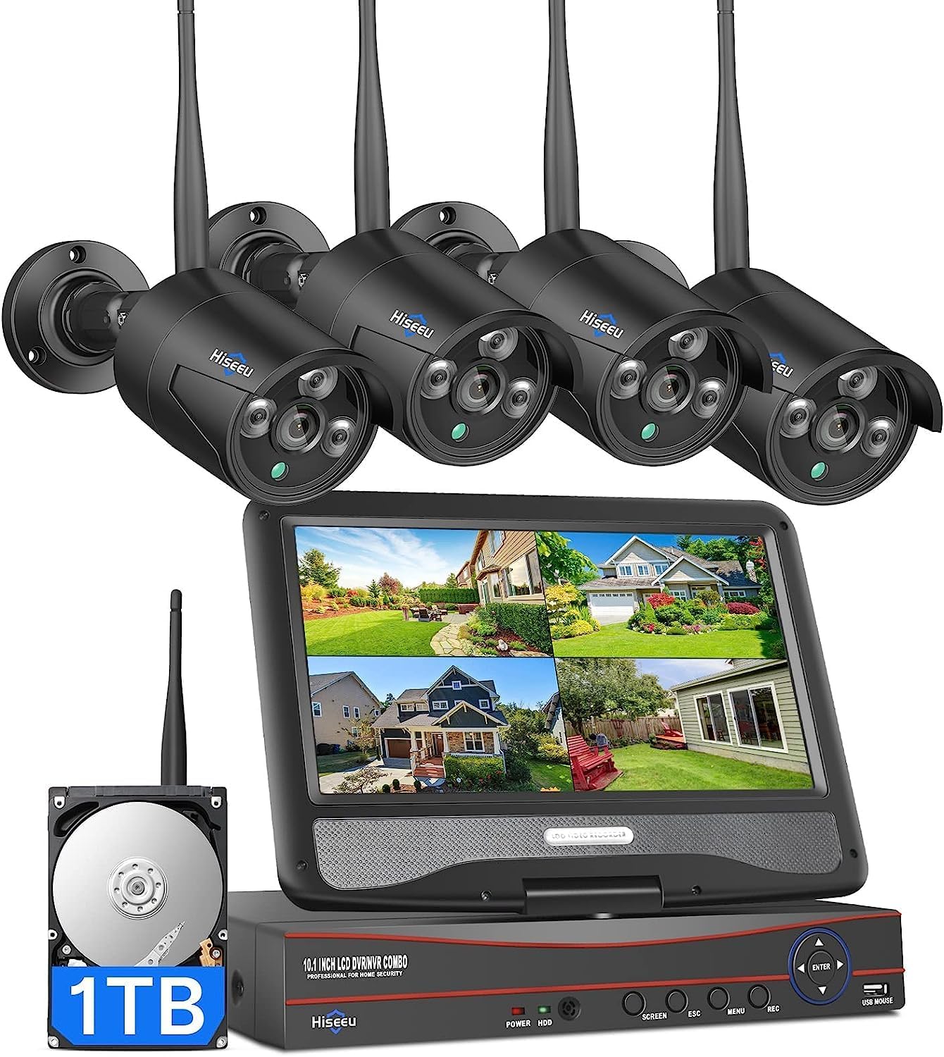 [16CH Expandable] 2.4G/5G Wireless Pro Security Camera System, 10.1" LCD 8MP Monitor, Wired Plug-in Powered 4Pcs 5MP Outdoor Indoor Cameras, One-Way Audio, Waterproof, Motion Detection, 1TB HDD 4HB615B with 10' Monitor Wi-Fi Pro