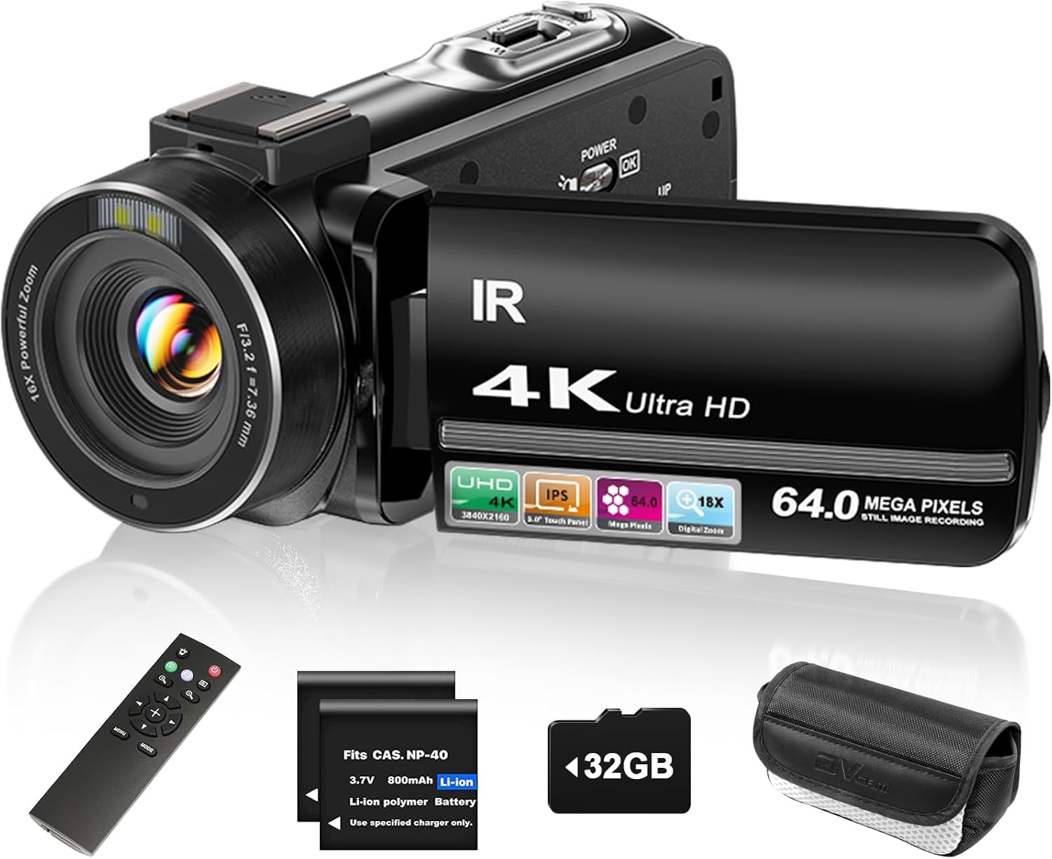 4K Video Camera Camcorder UHD 64MP Vlogging Camera for YouTube 18x Digital Zoom 3" 270° Rotation IPS Touchscreen Video Camcorder with Night Vision, Remote Control, 32GB Card, 2 Batteries