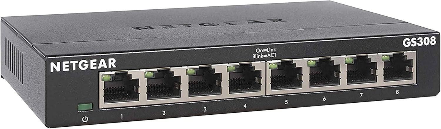 8-Port Gigabit Ethernet Unmanaged Essentials Switch (GS308) - Home Network Hub, Office Ethernet Splitter, Plug-and-Play, Silent Operation, Desktop or Wall Mount Single Pack 8 Port