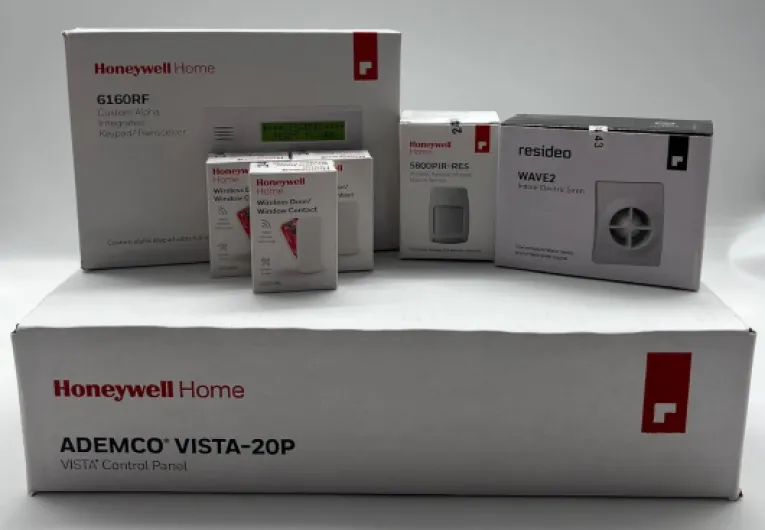 Honeywell Vista 20P Wireless Kit with a 6160RF Keypad, One 5800PIR-Res Motion Sensor, Three 5800MINI Door/Window Contacts, and a WAVE2 Siren