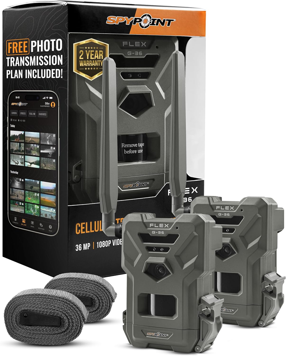 Flex G-36 Twin Pack Cellular Trail Camera, 36MP Photos and 1080p Videos with Sound, GPS Enabled, Dual-Sim LTE Connectivity, 100' Flash & Detection Range, Responsive Trigger up to .3S FLEX-G36 Pack of 2