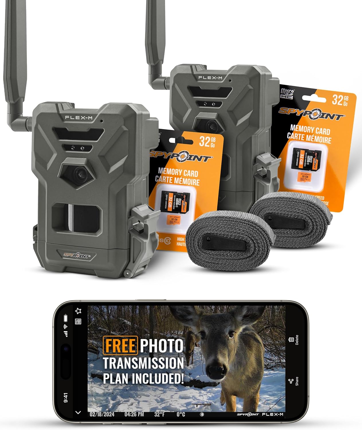 Flex-M Twin Pack Cellular Trail Cameras - 2 SD Cards Included, Best Hunting Accessories, No WiFi Needed, GPS, Night Vision, IP65 Water-Resistant, 28MP Photos, & 720p Videos + Sound (2) Pack of 2 Starter Pack- SD