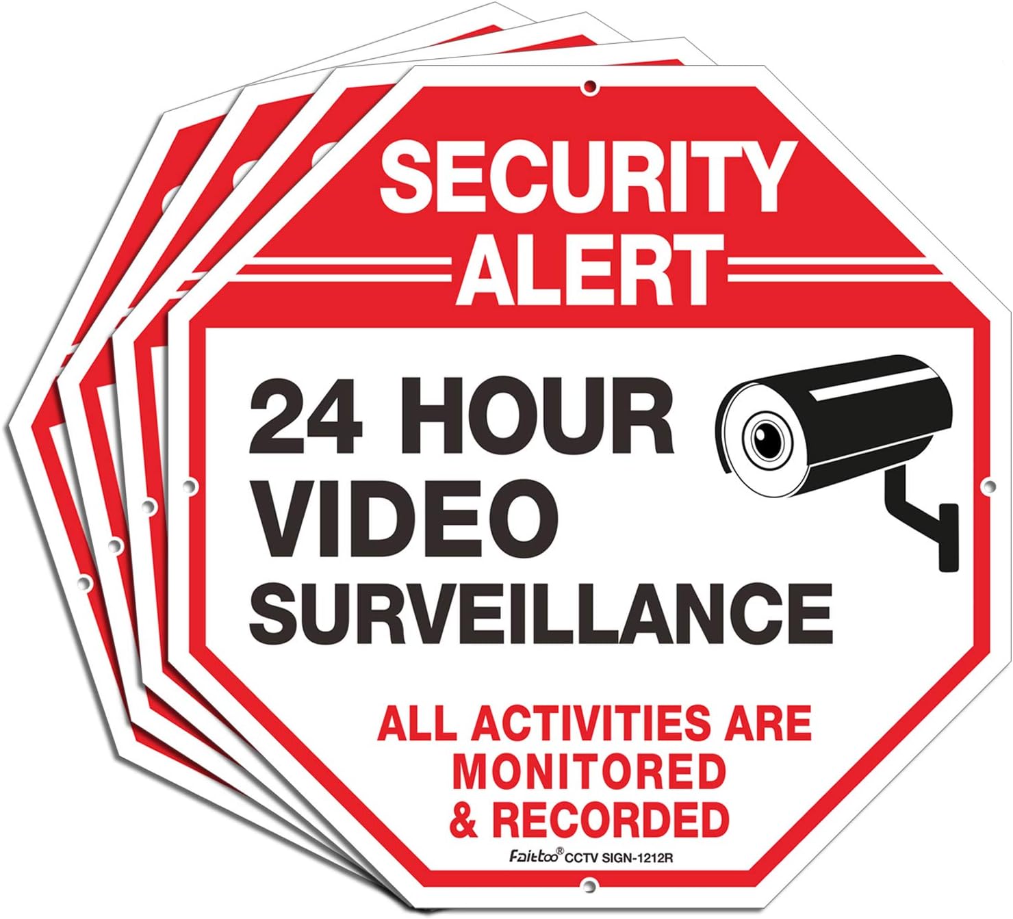 Video Surveillance Signs, Security Signs,Octagon 12 x12 Inches 40Mil Thick Aluminum Reflective sign for Home Business CCTV Security Camera, UV Protected & Waterproof, 4 pack