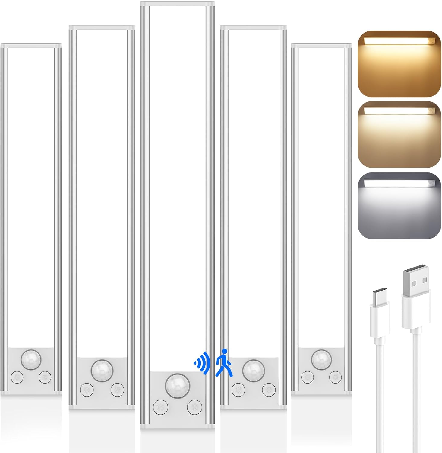 5 Pack Under Cabinet Lighting Wireless, Battery Operated Motion Sensor Light Indoor with 3 Color Temps 68 LED, Upgraded 2200mAh Rechargeable Under Cabinet Lights Closet Lights for Kitchen, 10in 3CCT-5Pack 10 inch