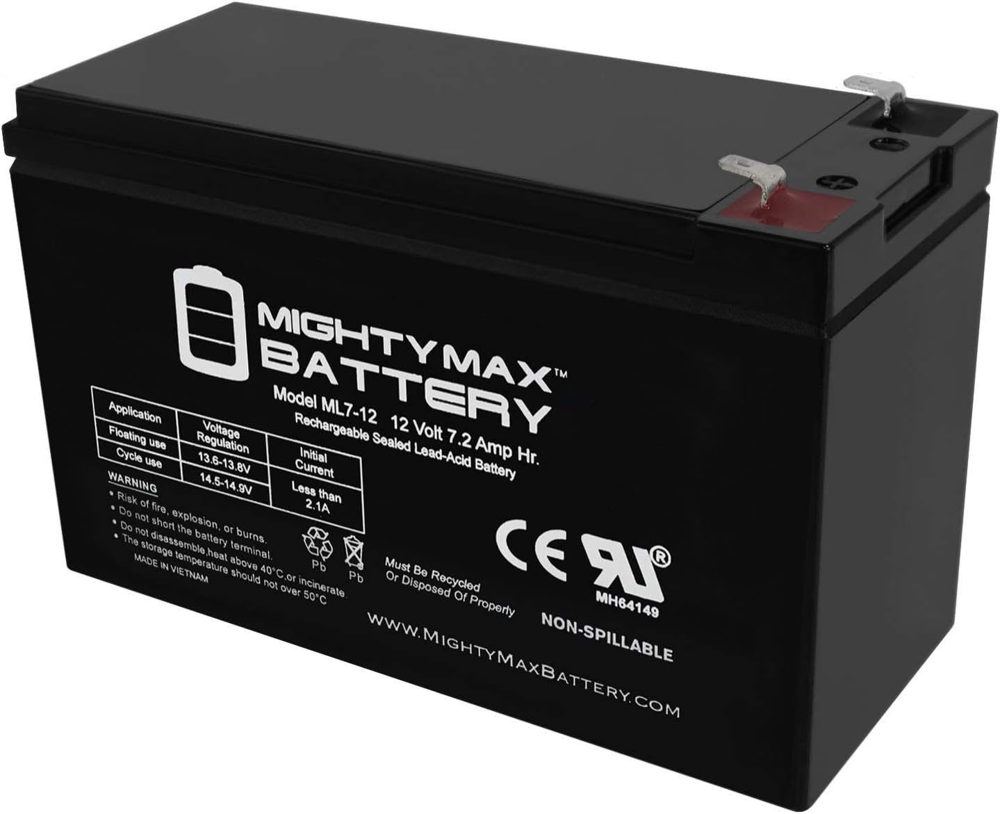 ML7-12 - 12 VOLT 7.2 AH SLA BATTERY - Mighty Max Battery brand product, black 1 Pack