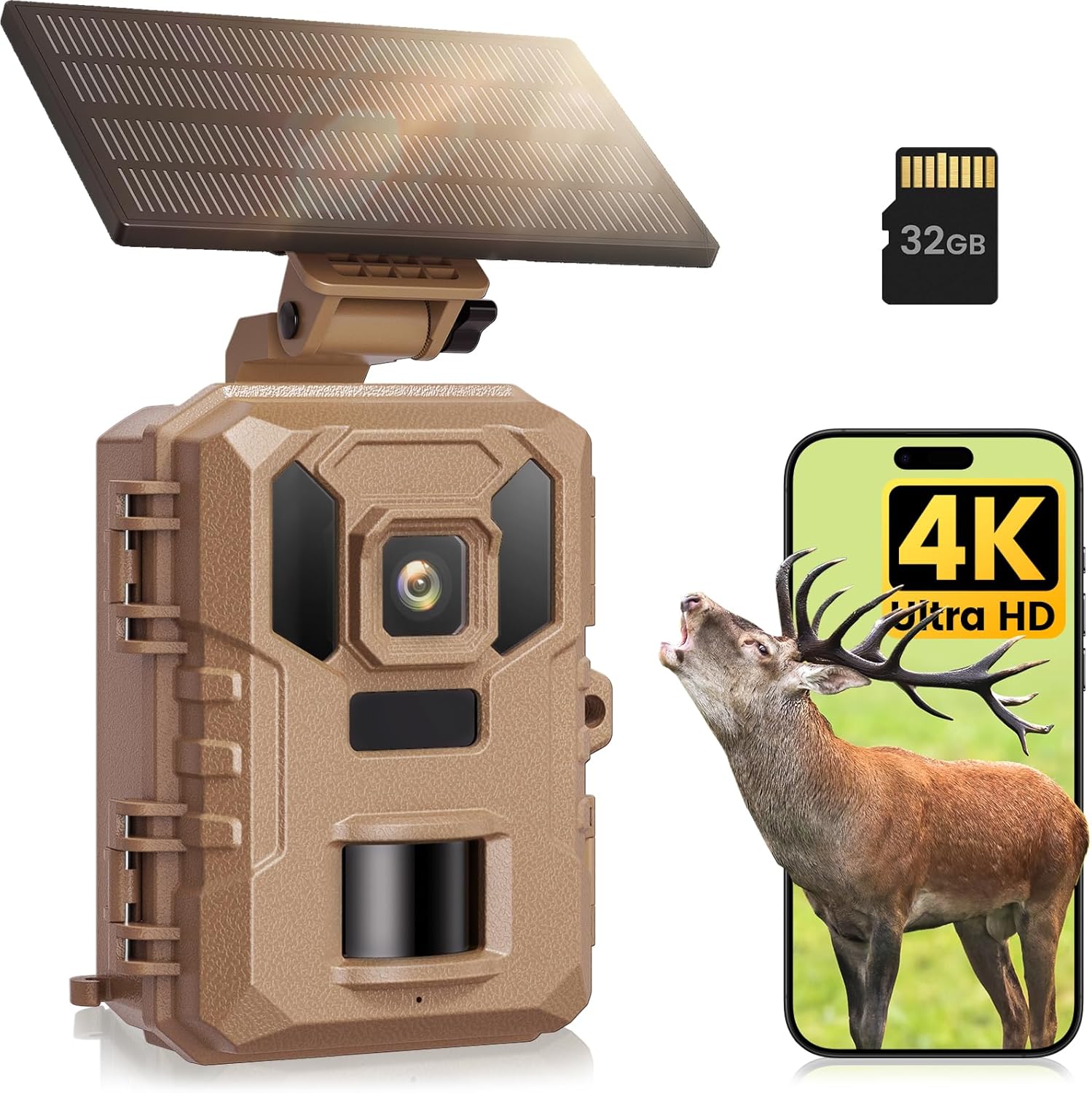 Trail Camera - 4K 64MP WiFi Game Cameras with Night Vision Motion Activated Waterproof IP66, Trail cam with 32GB SD Card, Built-in Battery Solar Power, 0.2s Trigger Speed for Wildlife Camera Brown