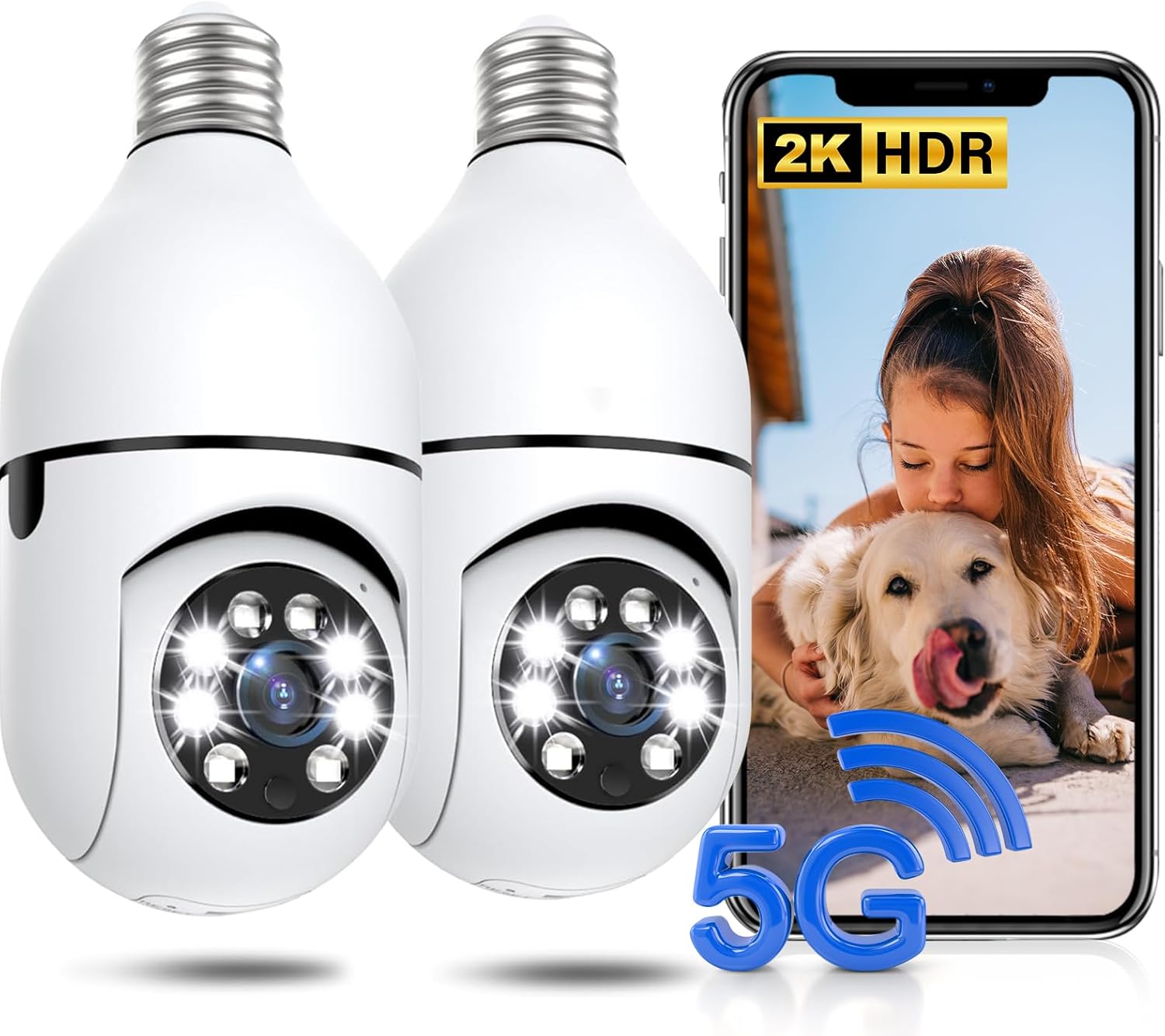 Light Bulb Security Camera 2 Packs, 5G&2.4GHz 2K Security Cameras Wireless Outdoor 360° PTZ Cameras for Home Security with Color Night Vision, 2 Way Talk, AI Human Detection, Screw in Light Socket White 2pack 2K