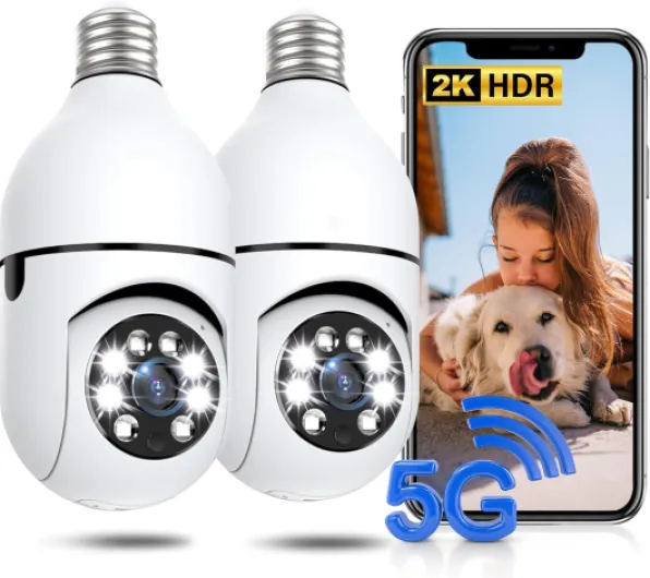 Light Bulb Security Camera 2 Packs, 5G&2.4GHz 2K Security Cameras Wireless Outdoor 360° PTZ Cameras for Home Security with Color Night Vision, 2 Way Talk, AI Human Detection, Screw in Light Socket White 2pack 2K