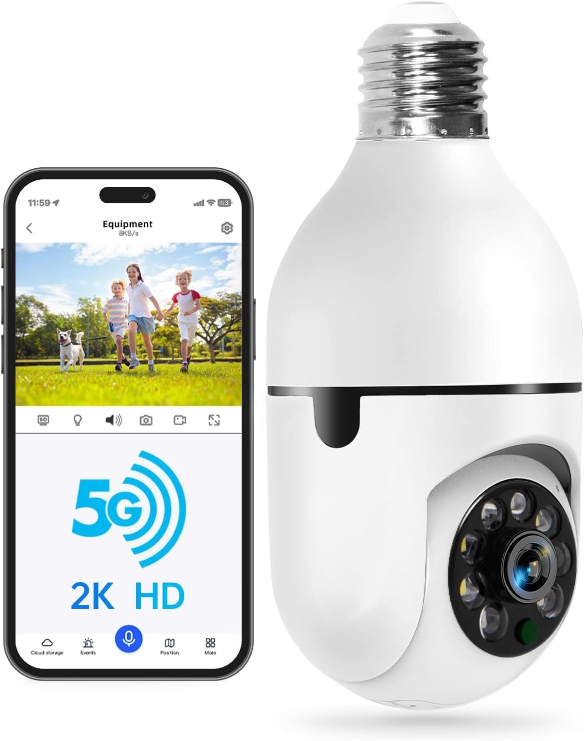 Light Bulb Security Camera -5G& 2.4GHz WiFi 2K Security Cameras Wireless Outdoor Motion Detection and Alarm,Two-Way Talk,Color Night Vision,Human Detection, Bulb Camera Compatible with Alexa 2K/1-Pack White