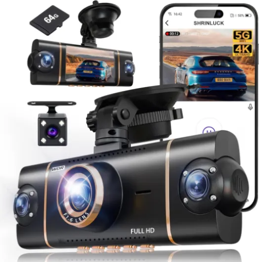 4 Channel 360° Dash Cam Front Rear Inside & Left Right, 4K+1080P*3 FHD Car Camera, 5GHz WiFi & App Control, 8 IR Lamps Night Vision, 24H Parking Mode, G-Sensor, Loop Recording, Includes 64GB SD Card Black Gold