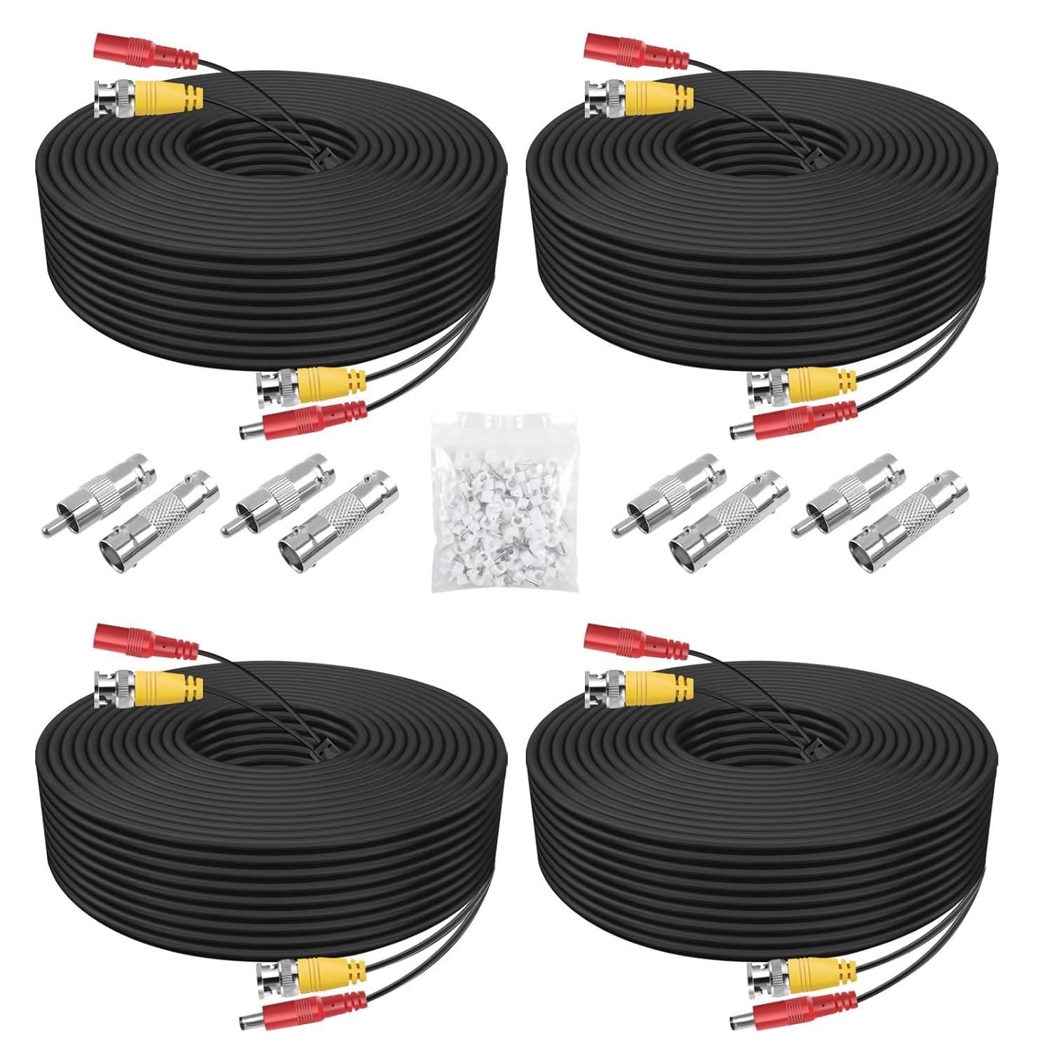 BNC Cable 4 Pack 100 Feet Security Camera Cable,CCTV Video Power Cable Wire for Surveillance Camera DVR Systems with 8pcs Connectors and 100pcs Cable Clips-Black 100 Feet Black