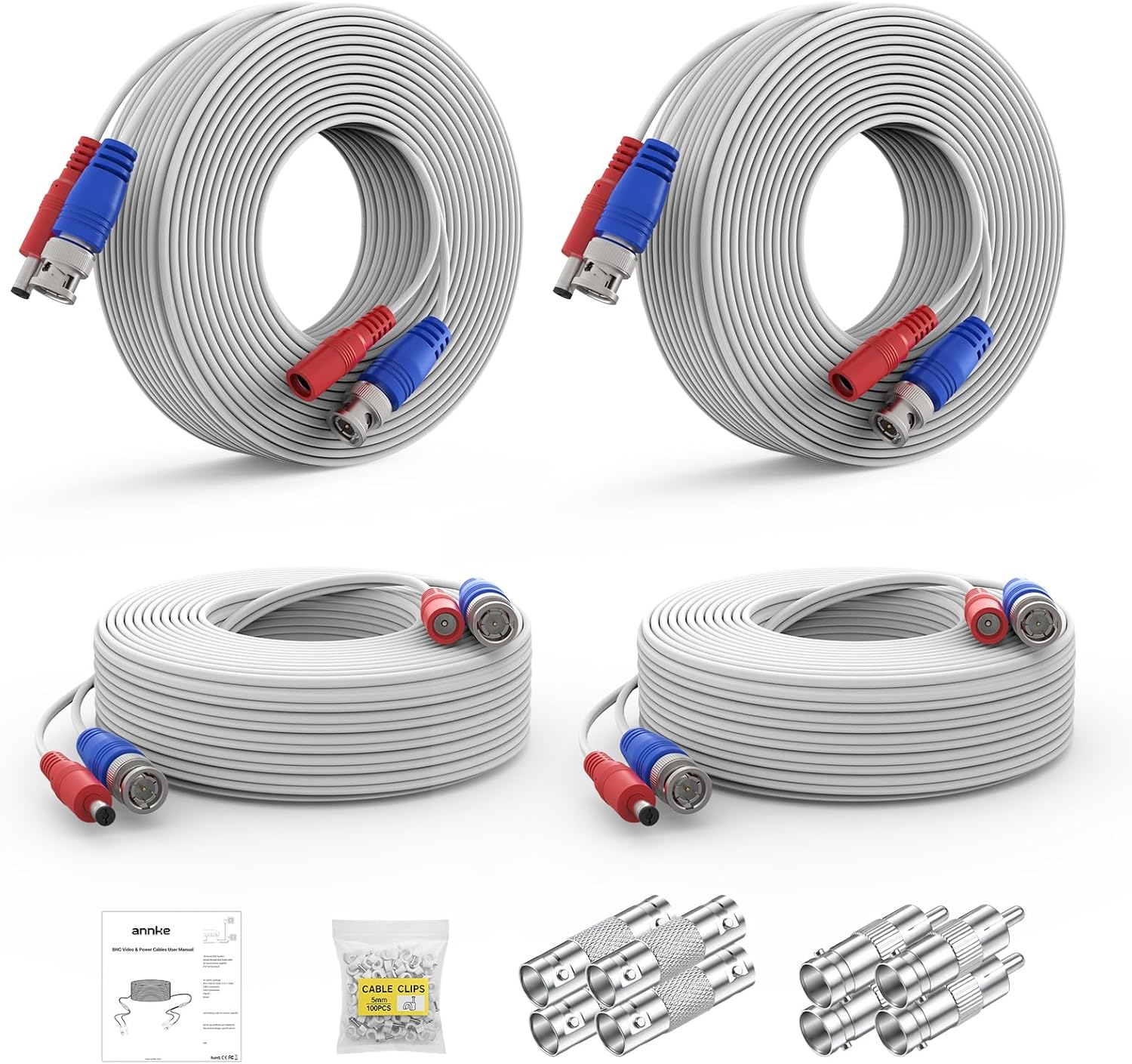30M/100ft BNC Cable, Video Power Extension Surveillance Camera Cables for CCTV Security DVR System Installation, Free 8X BNC Connectors and 100pcs Cable Clips Included, 4 Pack, White 4pcs 100ft Cable-White