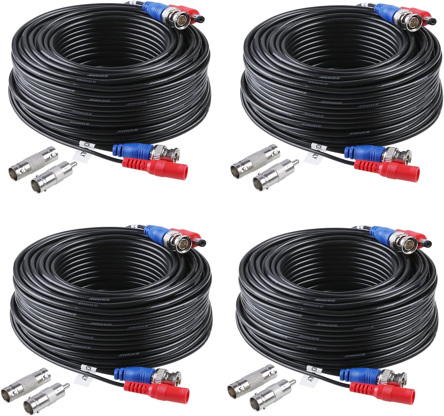 4 Pack 30M/100ft All-in-One Video Power Cables, BNC Extension Surveillance Camera Cables for CCTV Security DVR System Installation, Free 8 x BNC Connectors and 100pcs Cable Clips Included Black-100ft/30M