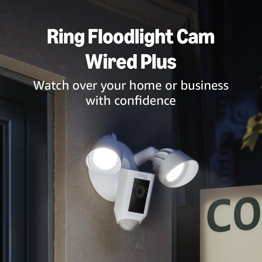Floodlight Cam Wired Plus (newest model), Outdoor home or business security with motion-activated 1080p HD video and floodlights, White White 1 Camera Floodlight Cam Wired Plus Only
