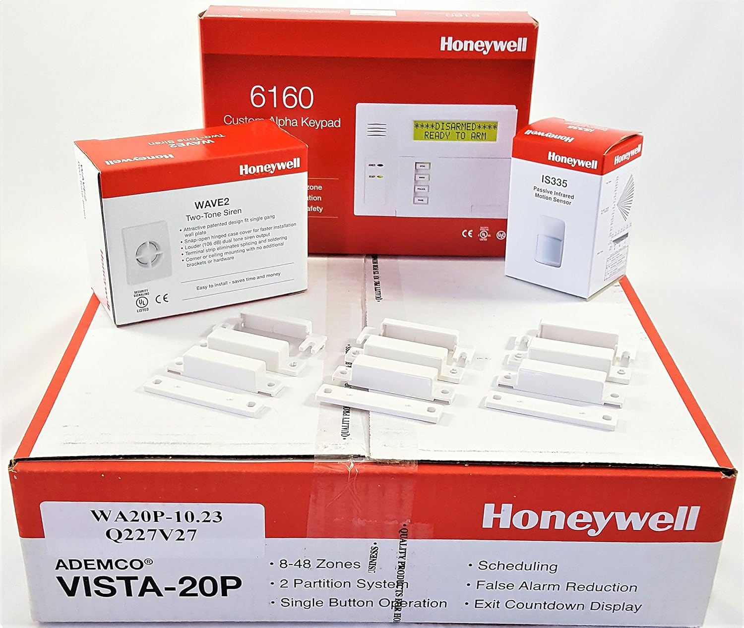 Honeywell Vista 20P Hardwired Security System Kit with 6160 Keypad, IS335 Motion Sensor, 3x 7939WG Contacts, Wave2 Siren