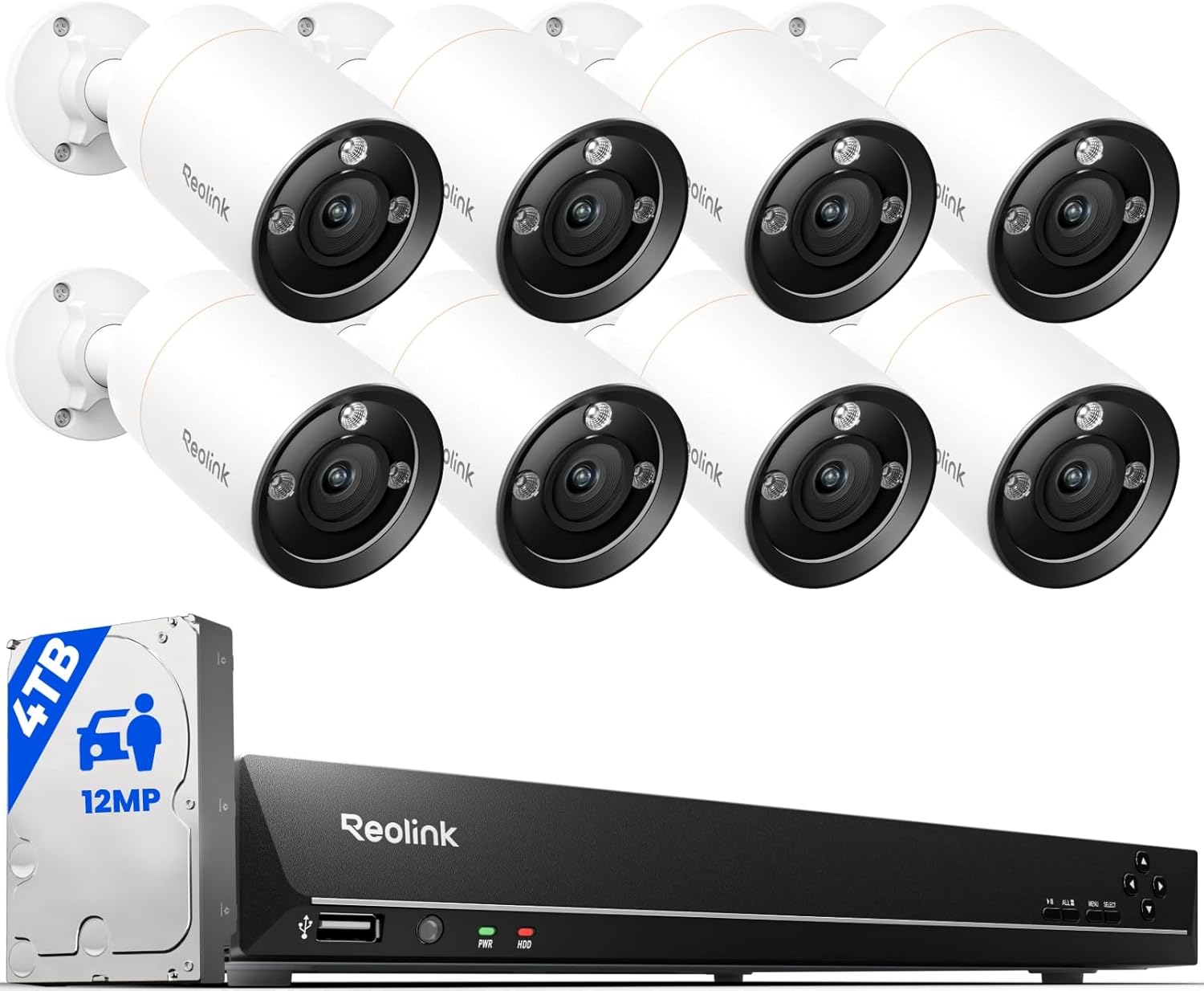 12MP Security Camera System Commercial, 8pcs H.265 12MP PoE Security Cameras Outdoor, Person Vehicle Pet Detection, Spotlight Color Night Vision, 16CH NVR 4TB HDD, RLK16-1200B8-A