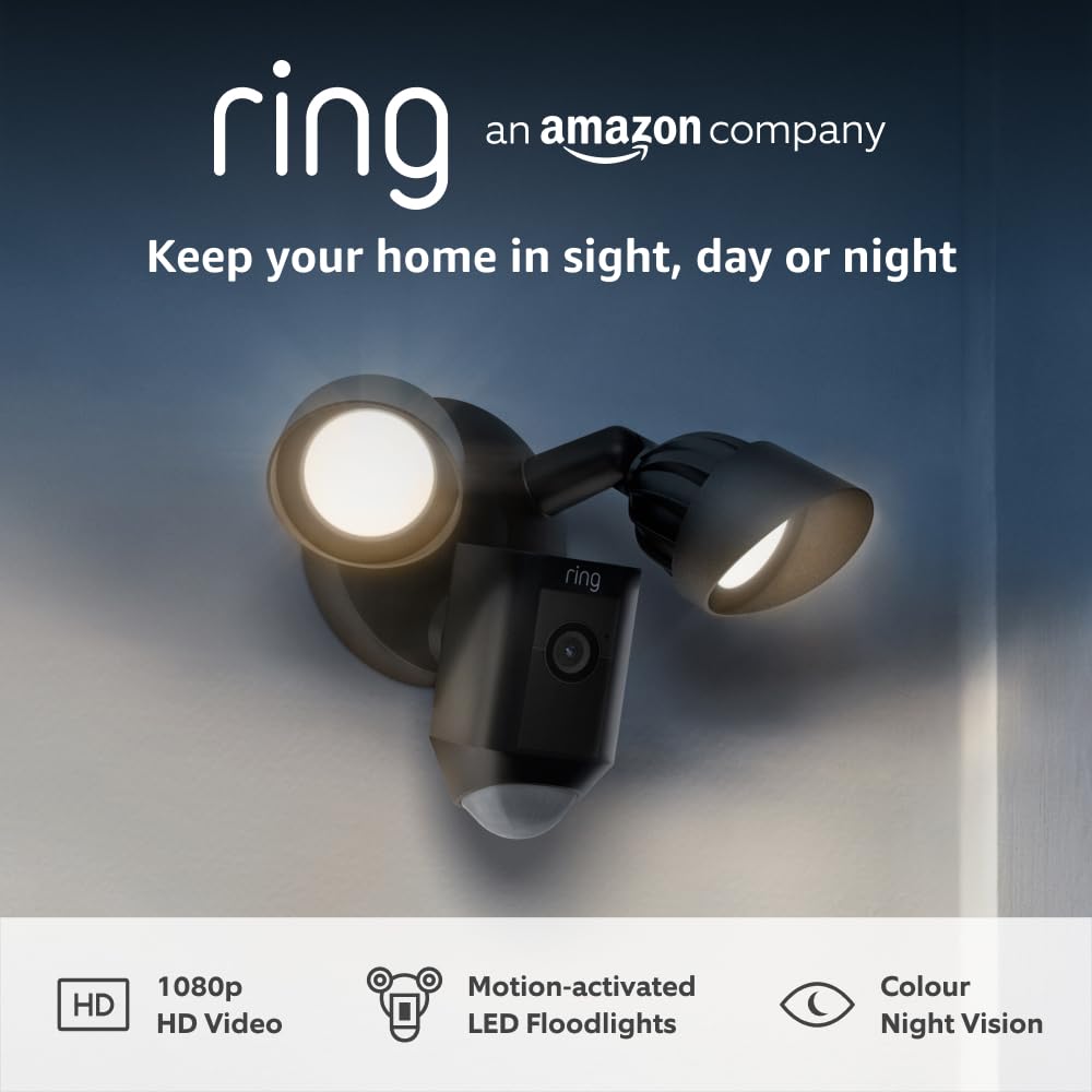 Ring Floodlight Cam Wired Plus - Outdoor Security Camera 1080p HD Video, LED Floodlights, Siren, Wifi, Hardwired - alternative to CCTV system - 30-day free trial of Ring Subscription - Black Plus Black 1-Camera System