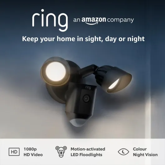 Ring Floodlight Cam Wired Plus - Outdoor Security Camera 1080p HD Video, LED Floodlights, Siren, Wifi, Hardwired - alternative to CCTV system - 30-day free trial of Ring Subscription - Black Plus Black 1-Camera System