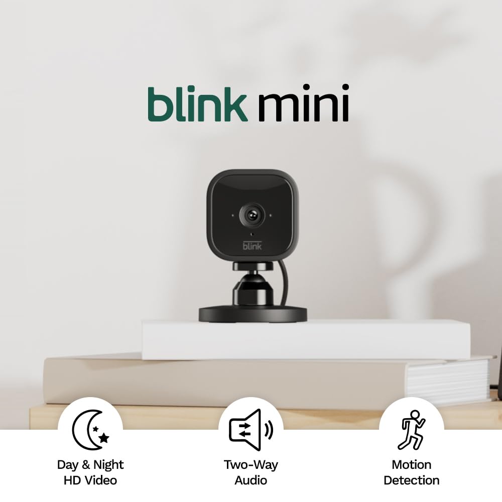 Mini - Indoor plug-in pet security camera, 1080p HD day and night video, motion detection, two-way audio, easy setup, Alexa enabled — 1 camera (Black) Black 1 Camera Blink Mini