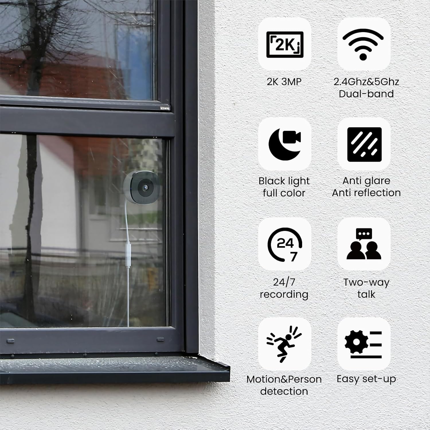 2K No Drill Window Camera-2 Pack 2.4Ghz & 5Ghz WiFi Cameras for Home Security for Indoor & Outdoor Monitoring, Anti-Glare Color Night Vision, Human Detection, 24/7 Recording, Ideal for Apartment, K1 2.4GHz&5GHz-2P-W