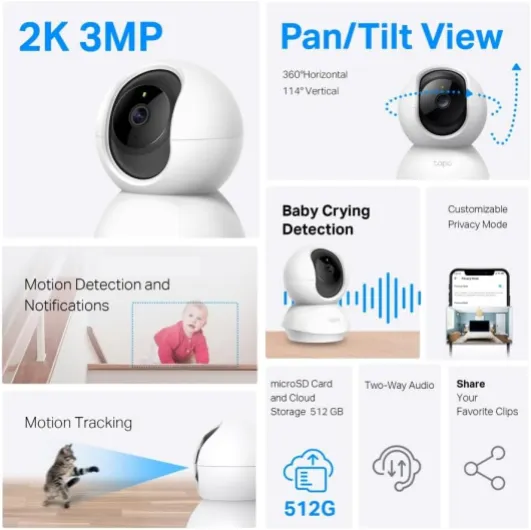 Wifi Indoor Camera, 2K 3MP Full HD Baby Camera, 360° Security Wireless Pet Camera, Night Vision, Work with Alexa & Google Home, 2 Pack C210P2 (Package may vary) 2K 3MP 2 Pack