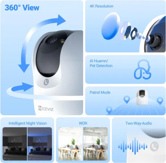 4K WiFi Indoor Camera Wired, 360°, Call-Button, Colour Night Vision, Two-Way Audio, Human/Pet/Sound Detction, Privacy Shutter, 512GB Card Supports, 2.4G/5G WIFI 6, C6N G1 4K