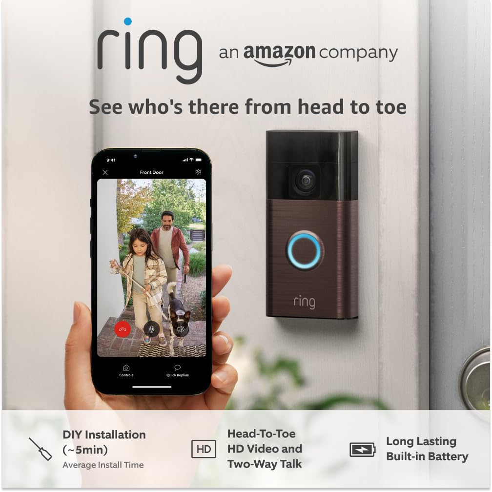 Ring Battery Video Doorbell - DIY Wireless Video Doorbell Camera with Head-To-Toe View, HD Video - Easy to install (5 min) - With Built-in Battery I 30-day free trial of Ring Subscription Plan Device only Venetian Bronze