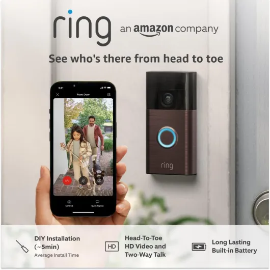 Ring Battery Video Doorbell - DIY Wireless Video Doorbell Camera with Head-To-Toe View, HD Video - Easy to install (5 min) - With Built-in Battery I 30-day free trial of Ring Subscription Plan Device only Venetian Bronze
