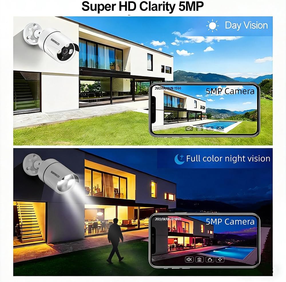 5MP 8 Channel Wired CCTV Security Camera System, 8CH DVR with 1TB Hard Drive, 4x 3K Home Outdoor Surveillance Cameras, Color Night Vision, Audio Recording, Human Face Vehicle Detection, P2P 4-cam l 1tb