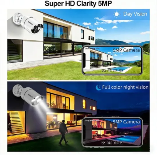 5MP 8 Channel Wired CCTV Security Camera System, 8CH DVR with 1TB Hard Drive, 4x 3K Home Outdoor Surveillance Cameras, Color Night Vision, Audio Recording, Human Face Vehicle Detection, P2P 4-cam l 1tb