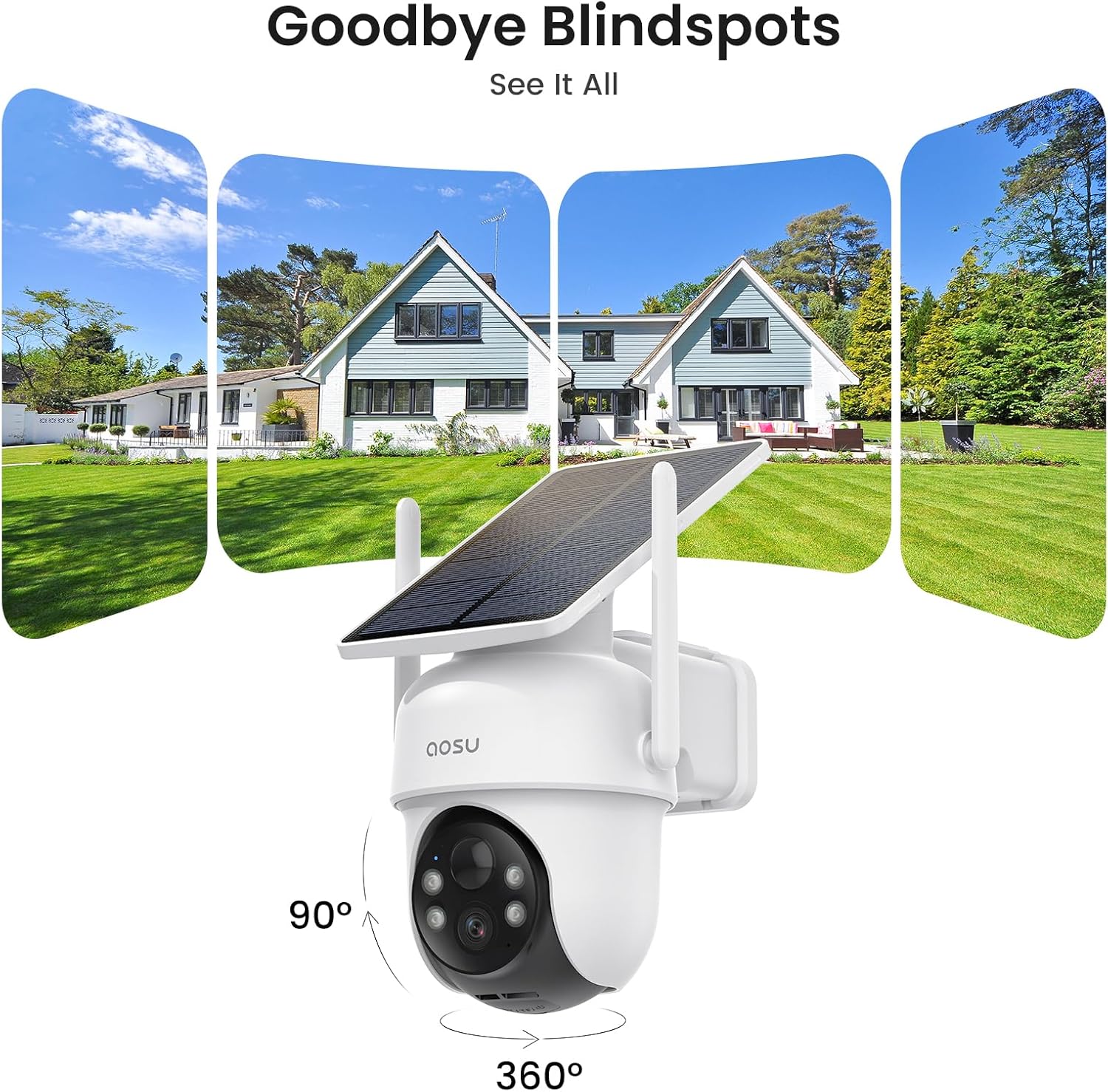 2K Security Cameras Outdoor Wireless, 2 Cam-Kit & aosuBase, No Subscriptions, 360° Panoramic PTZ, Solar Battery Home Security Cameras System, Auto Tracking Colour Night Vision 2.4GHz & 5GHz WiFi 2-Cam-Kit