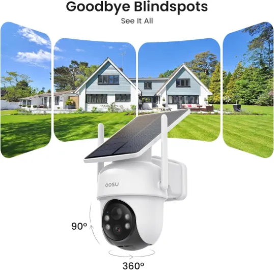 2K Security Cameras Outdoor Wireless, 2 Cam-Kit & aosuBase, No Subscriptions, 360° Panoramic PTZ, Solar Battery Home Security Cameras System, Auto Tracking Colour Night Vision 2.4GHz & 5GHz WiFi 2-Cam-Kit