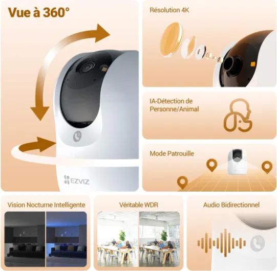 EZVIZ 4K Caméra Surveillance WiFi Intérieure 360 °, Camera Bébé avec WiFi 2.4/5Ghz, Détection Humain/Animaux/Bruit, Vision Nocturne Couleur avec Véritable WDR, Suivi Auto, C6N G1 4K 2PK 8mp 2 Pack