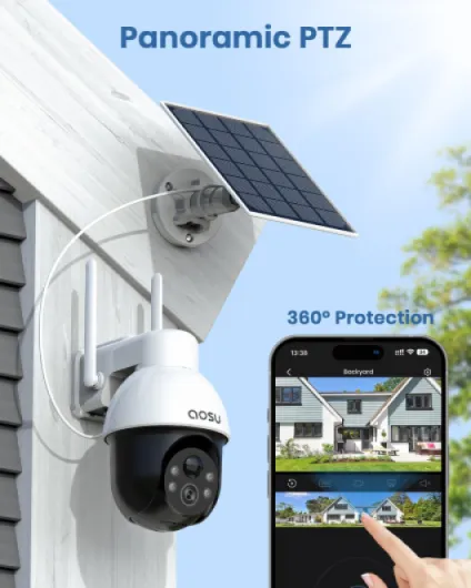 3K Security Camera Outdoor Wireless, 360° Panoramic PTZ, 5MP WiFi Cameras Battery for Home Surveillance with Portable Solar Panel, Auto Tracking Human/Vehicle, Alerts, Color Night Vision 2 Packs