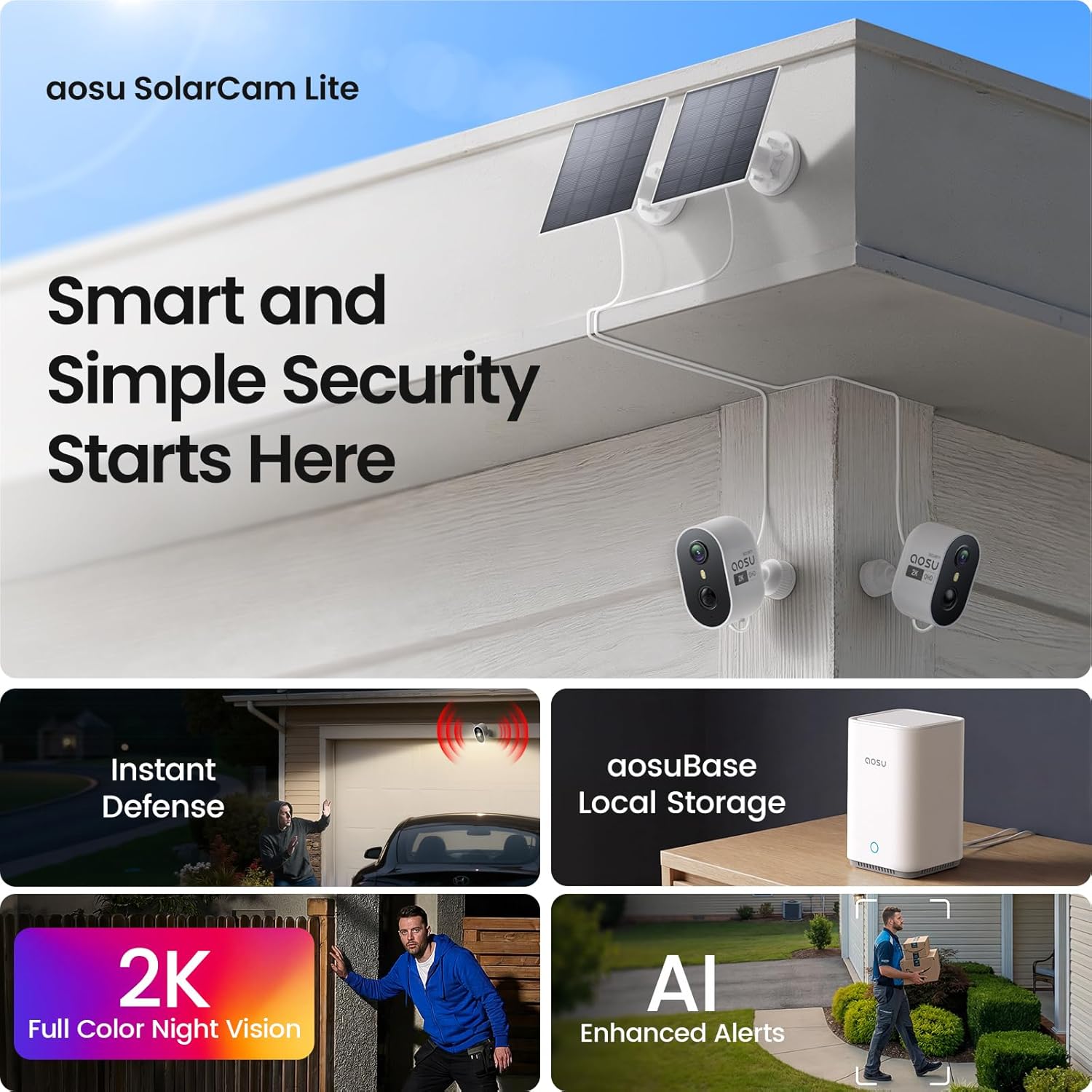 2K Solar Security Cameras Wireless Outdoor, 4-Cam Kit with aosuBase 2.0, No Subscription, 32GB Built-in, Expandable 1TB, Long Battery Life, Color Night Vision, PIR & AI Detection, 2.4/5GHz WiFi 4-Cam-Kit