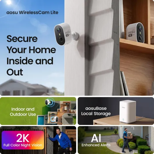 2K Security Cameras Wireless Outdoor Indoor, 4 Cam Kit System & 2.0 aosuBase, No Subscription, 32GB Local Storage, Expandable 1TB, Sound & Light Alarm Full Color Night Vision PIR & AI Detection 4-Cam-Kit