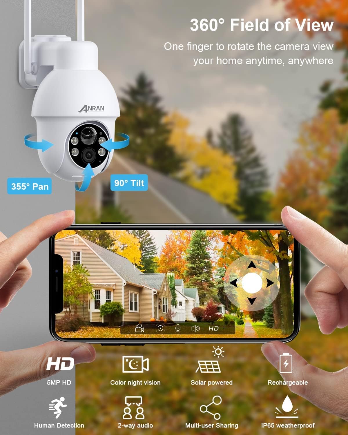 5MP Security Camera Outdoor Wireless with 360° View, Solar Security Camera Outdoor, Smart Siren/Spotlights, Two-way Talk, Humanoid Detection, Works with Alexa, Q3 Max White Large White
