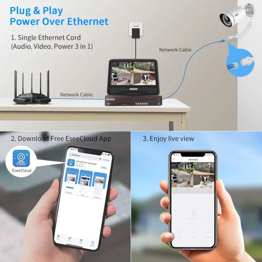 5MP 8CH PoE CCTV Security Camera System,5MP NVR with 10'' LCD Monitor,4pcs HD IP Cameras Outdoor IP66 Color Night Vision Remote Access Two-way Audio,3TB HDD Preinstalled 5MP Resolution+POE Camera
