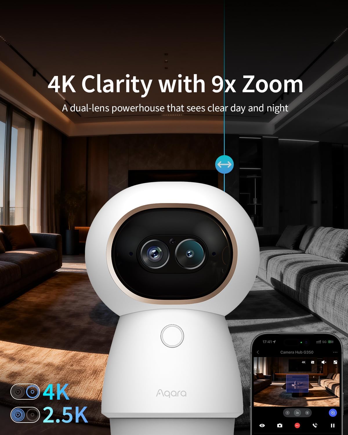4K UHD Dual-Lens Camera Hub G350,Indoor Security Camera with 9X Zoom, 360° Pan & Tilt, AI Auto-Tracking, Facial/Gesture Recognition, Works with Apple HomeKit, Alexa, Google Home, SmartThings