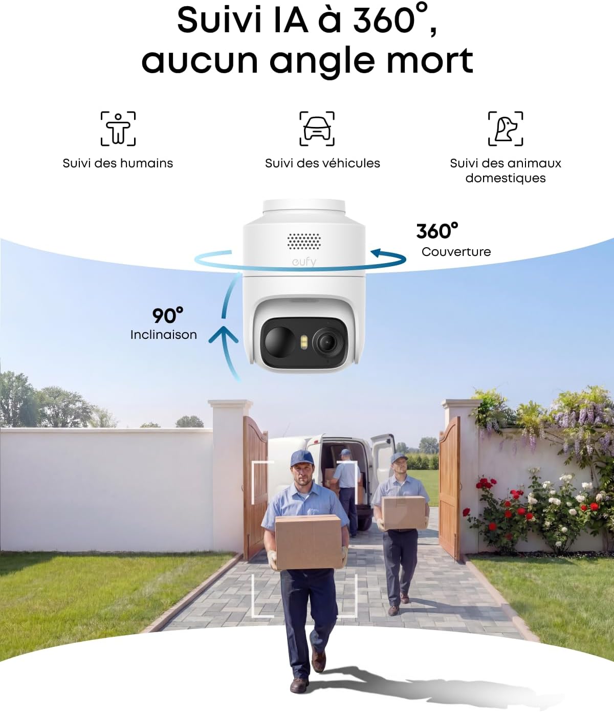 Eufy Security eufyCam C37, caméra Surveillance WiFi extérieure sans Fil, Suivi IA motorisé à 360°, Solaire 2K, détection de Personnes/Animaux/véhicules, sans Frais, Carte microSD Non Incluse 1 Caméra