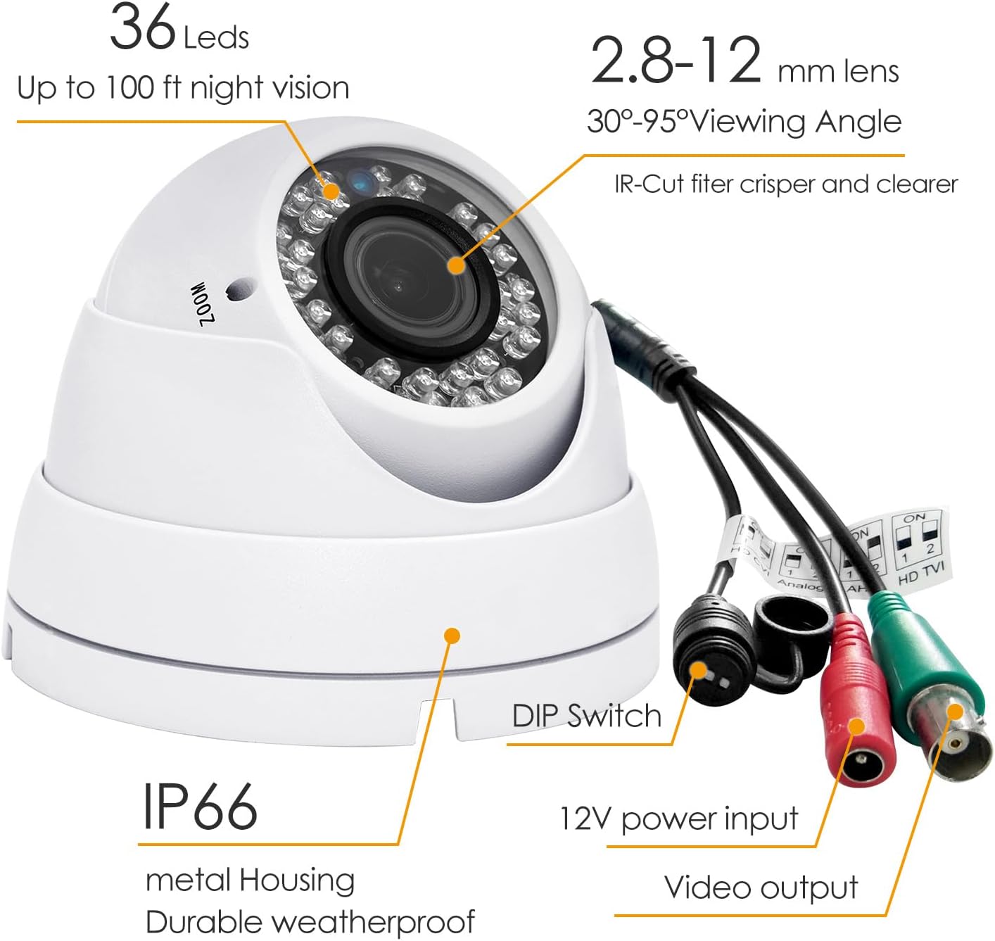 Analog CCTV Camera HD 1080P 4-in-1 (TVI/AHD/CVI/CVBS) Security Dome Camera Outdoor, 2.8mm-12mm Manual Focus/Zoom Varifocal Lens, Weatherproof Metal Housing 36 IR-LEDs Day & Night Monitoring (White)