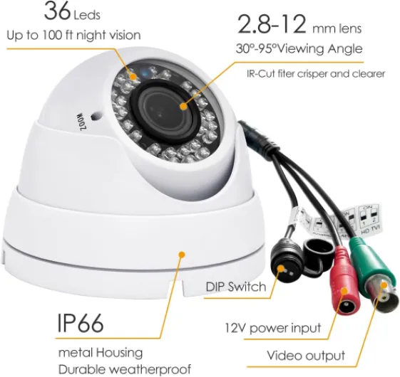 Analog CCTV Camera HD 1080P 4-in-1 (TVI/AHD/CVI/CVBS) Security Dome Camera Outdoor, 2.8mm-12mm Manual Focus/Zoom Varifocal Lens, Weatherproof Metal Housing 36 IR-LEDs Day & Night Monitoring (White)