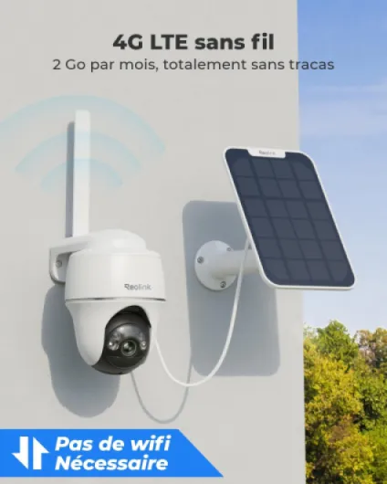 Reolink 3G/4G LTE Camera Surveillance Extérieure avec Carte SIM+microSD 32Go, 5MP Caméra Solaire PT, Détection Intelligente, Vision Nocturne Couleur, Audio Bidirectionnel, Go PT Plus+Panneau Solaire Blanc
